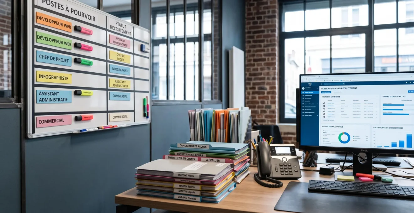Bureau de service RH de PME avec planning mural indiquant plusieurs postes vacants et dossiers de candidatures empilés révélant une charge de recrutement élevée