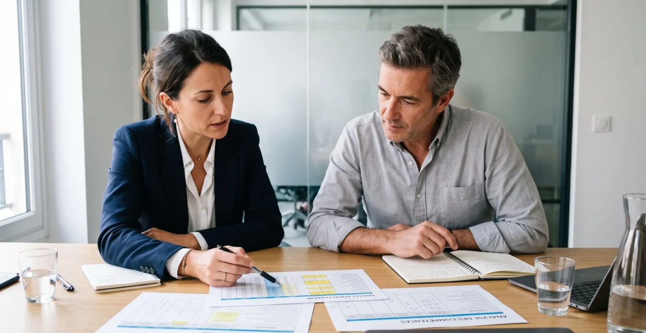 Consultante RH et dirigeant d'entreprise analysant ensemble des documents RH lors d'une séance de travail collaborative