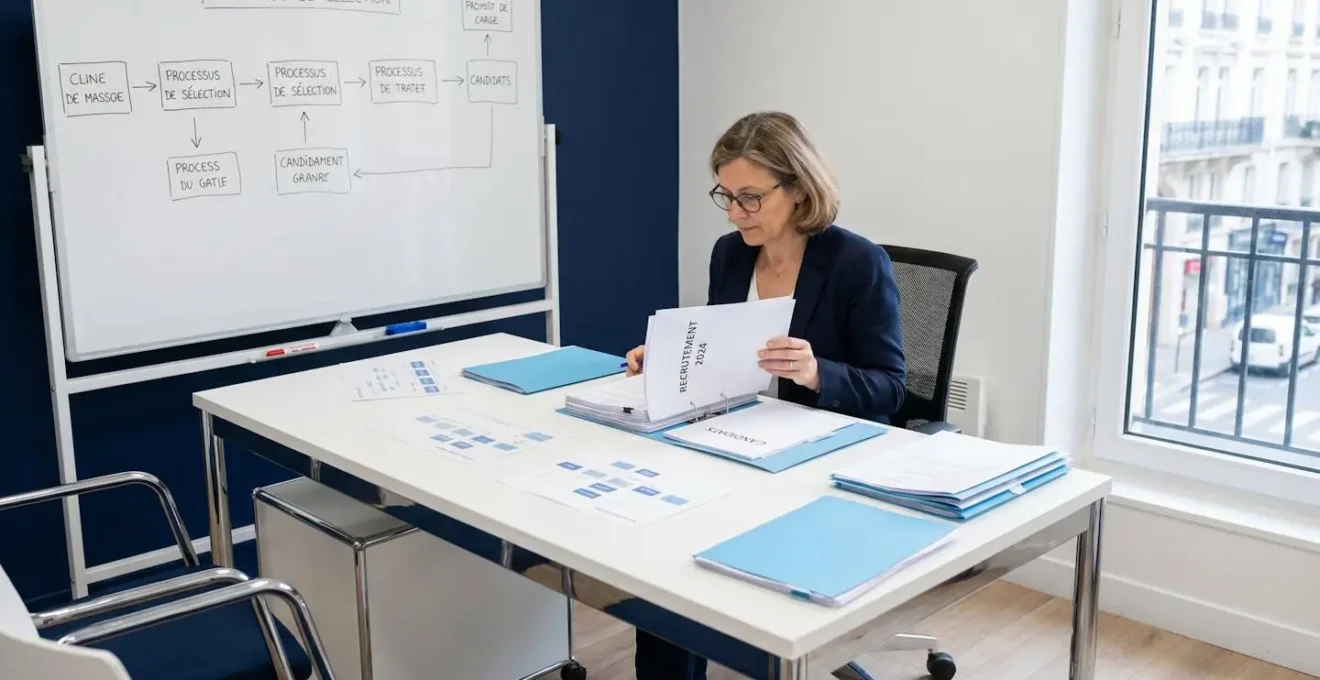 Directrice RH examinant documents de processus recrutement sur bureau organisé avec schémas workflow au tableau