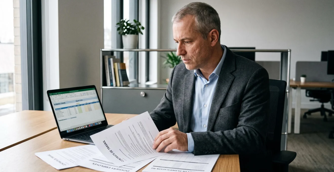 Dirigeant de PME concentré à son bureau contemporain examinant des documents administratifs RH et un planning avec expression réflexive