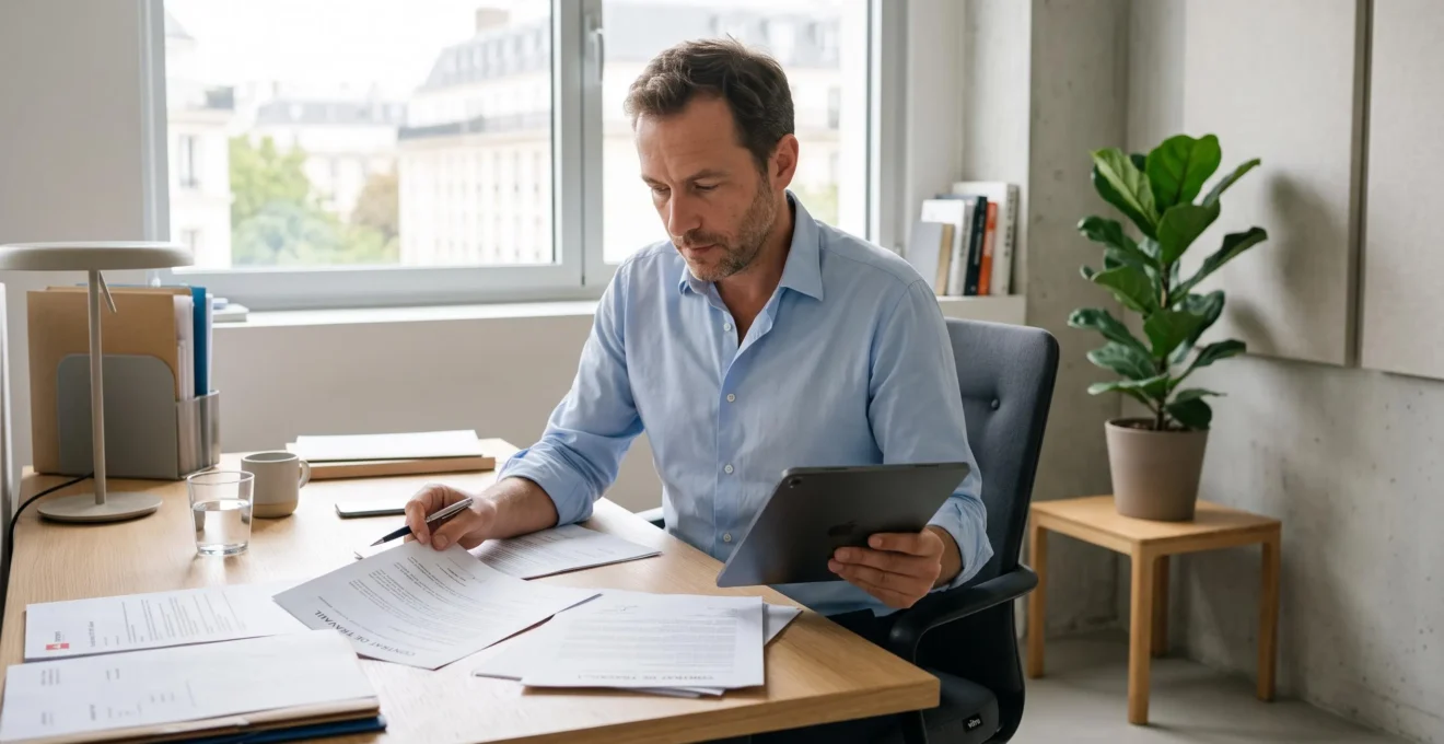 Dirigeant de PME consultant des documents RH à son bureau dans un environnement de travail moderne et épuré