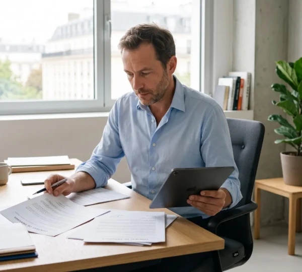 Dirigeant de PME consultant des documents RH à son bureau dans un environnement de travail moderne et épuré