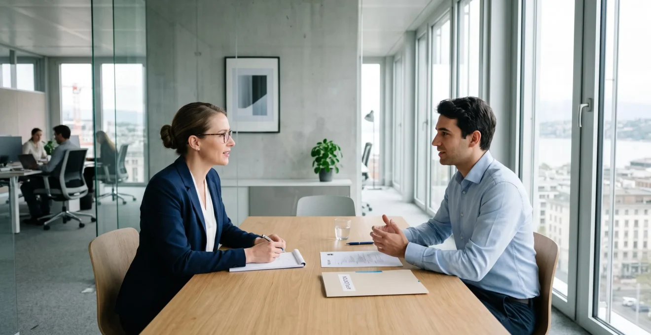 Entretien de recrutement professionnel entre une recruteuse et un candidat dans un bureau moderne suisse à Genève, échange attentif autour d'une table claire avec documents de candidature