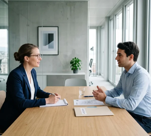 Entretien de recrutement professionnel entre une recruteuse et un candidat dans un bureau moderne suisse à Genève, échange attentif autour d'une table claire avec documents de candidature