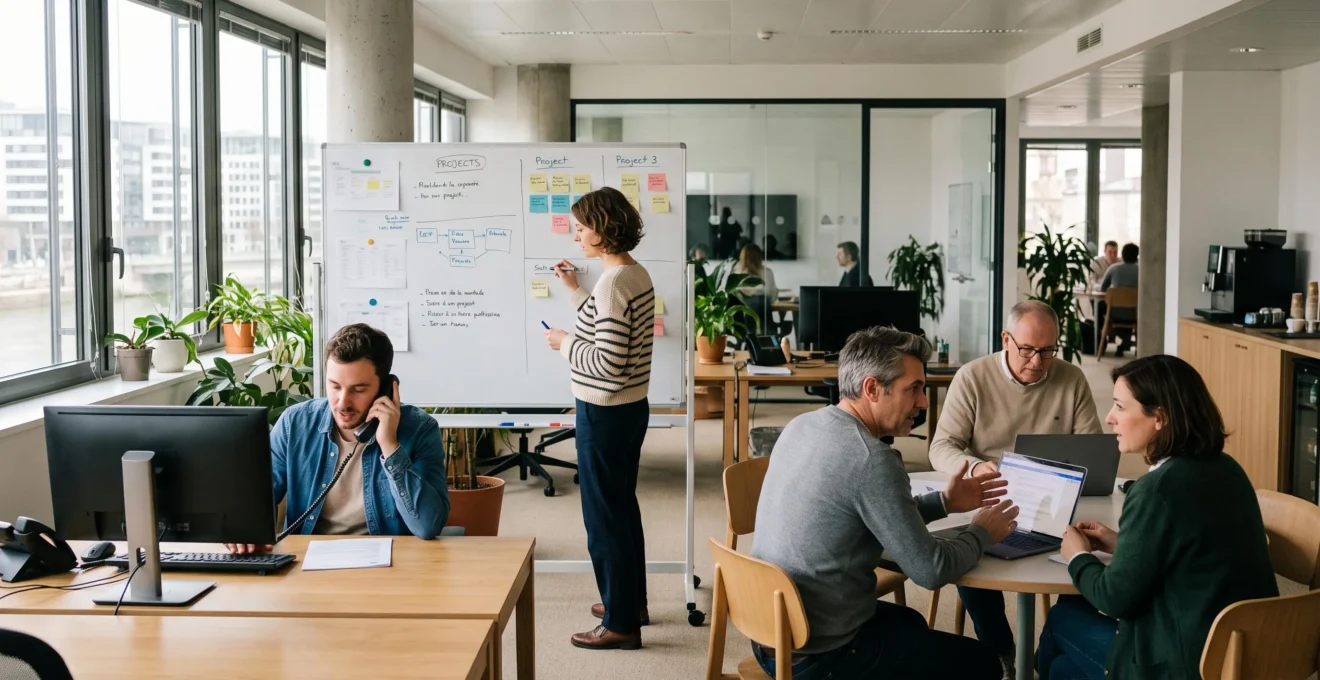 Équipe diversifiée travaillant dans un open space de PME moderne avec activité collaborative naturelle et lumière naturelle abondante