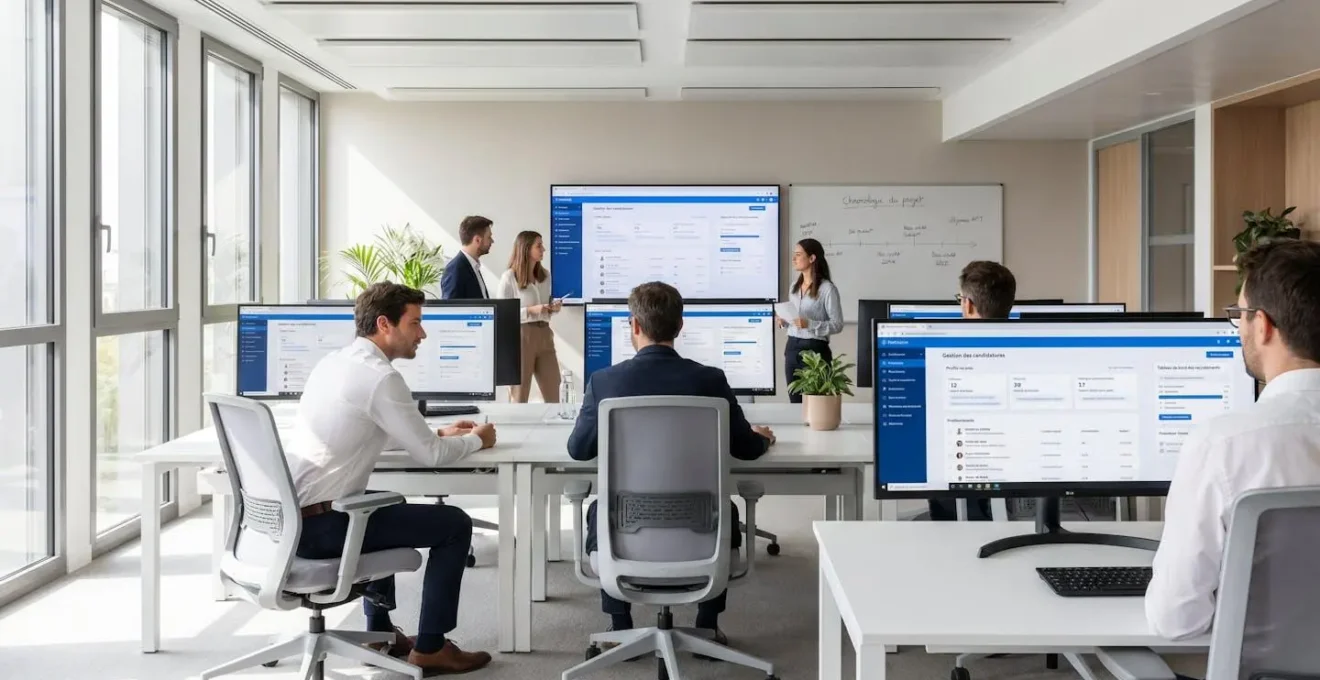 Équipe RH en formation sur logiciel ATS dans bureau contemporain avec écrans d'ordinateur affichant interface de gestion des candidatures