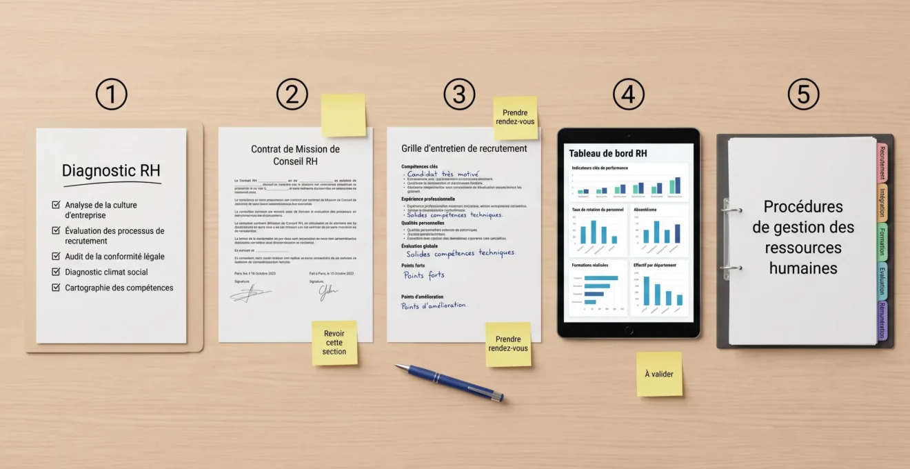 Disposition séquentielle de documents livrables d'une mission consultant RH sur un bureau : dossier diagnostic, contrat, grille d'entretien, tableau de bord numérique et classeur de procédures