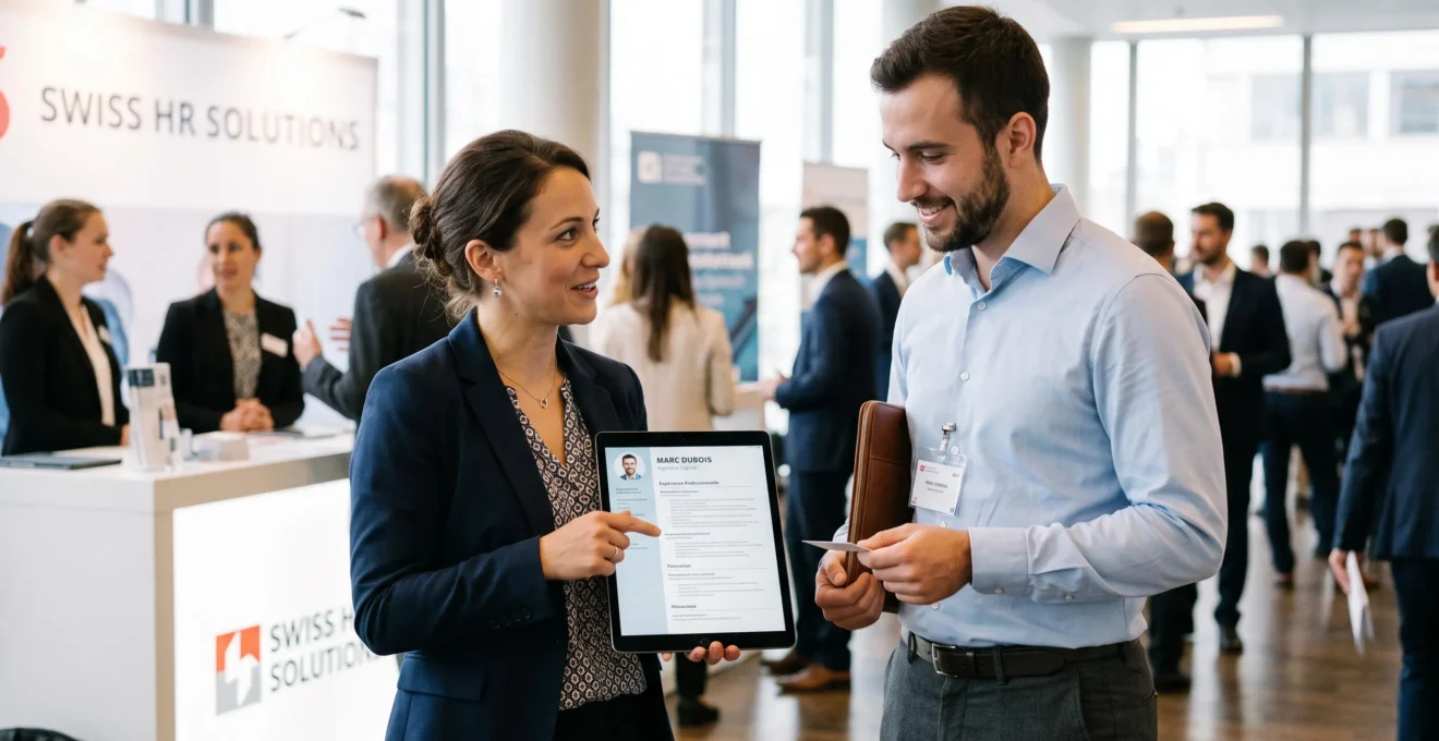 Recruteuse échangeant avec un candidat potentiel lors d'un événement professionnel RH en Suisse, consultation de CV sur tablette dans un espace networking moderne