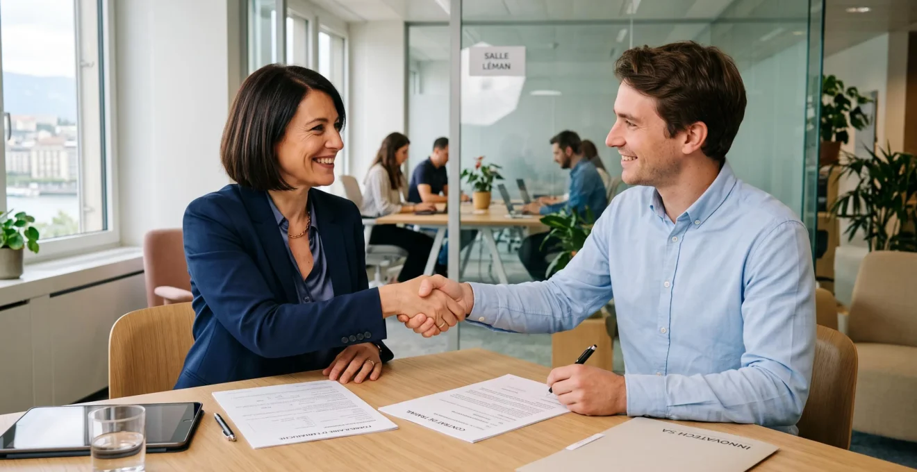 Responsable RH accueillant et faisant signer le contrat de travail à un nouveau collaborateur dans un bureau moderne suisse, poignée de main et sourires marquant le début de la collaboration
