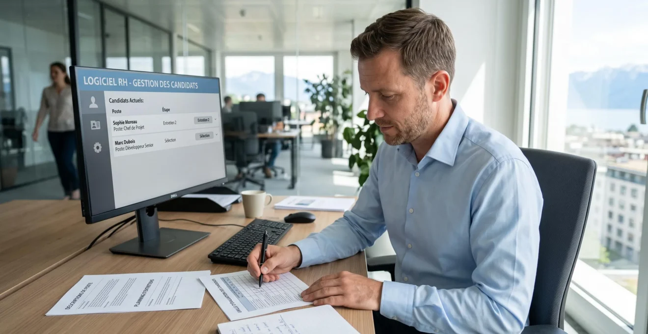 Responsable RH travaillant sur fiche de poste et grilles d'évaluation dans un bureau moderne suisse, écran affichant interface de gestion de candidatures