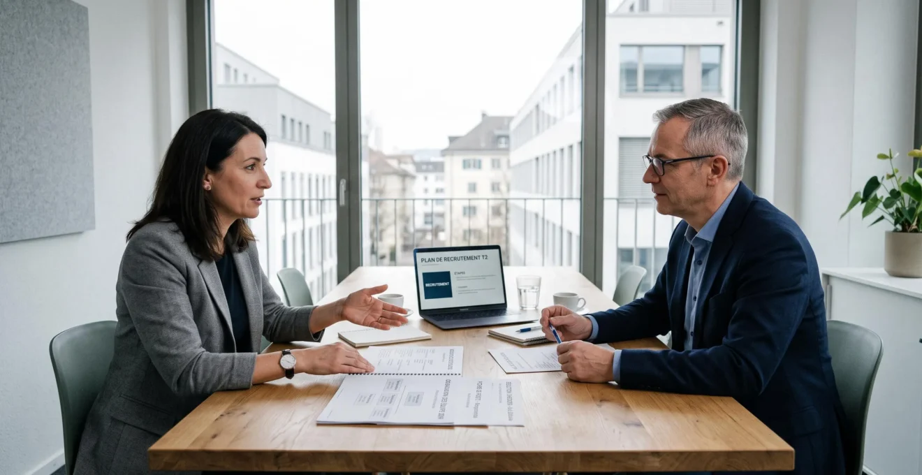 Réunion de travail professionnelle entre un dirigeant de PME et un consultant en ressources humaines assis à une table avec ordinateur et documents stratégiques