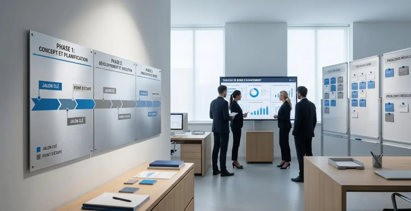 Salle de projet avec planning mural en français détaillant trois phases de déploiement ATS et équipe révisant tableau de bord