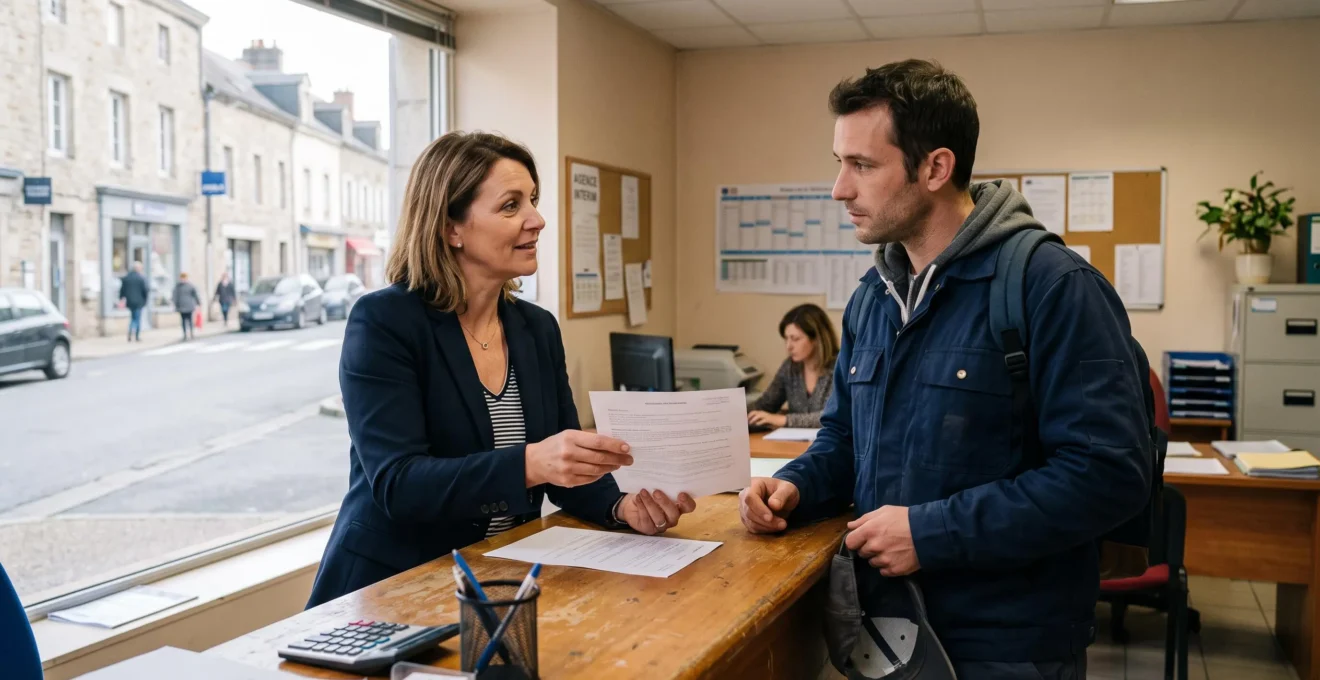 Une agence d'intérim locale à Pamiers : une recruteuse remet une fiche de mission à un candidat au comptoir d'accueil.