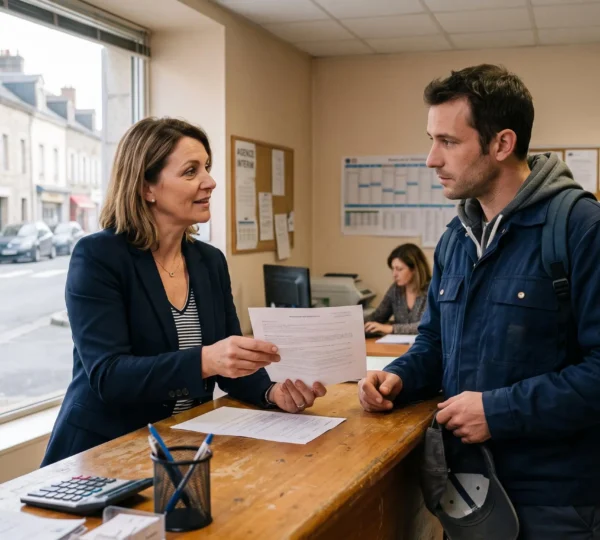 Une agence d'intérim locale à Pamiers : une recruteuse remet une fiche de mission à un candidat au comptoir d'accueil.