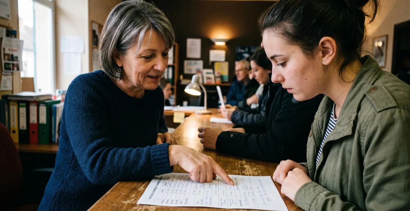 Une conseillère d'agence d'intérim montre des offres de mission à une jeune candidate au comptoir, de profil.