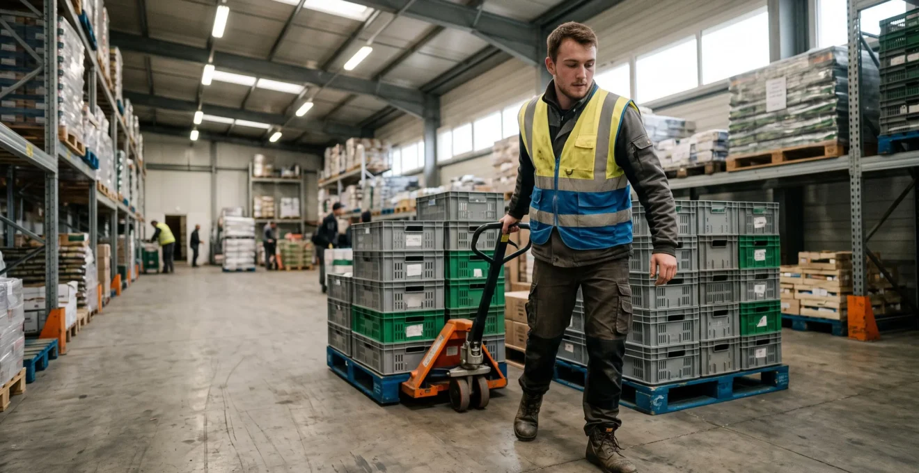 Un intérimaire en gilet haute visibilité manutentionne des caisses sur une palette dans un entrepôt agroalimentaire.