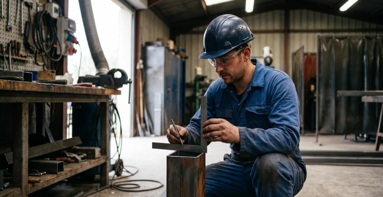 Un intérimaire en bleu de travail prend des mesures sur une pièce métallique dans un atelier de fabrication.